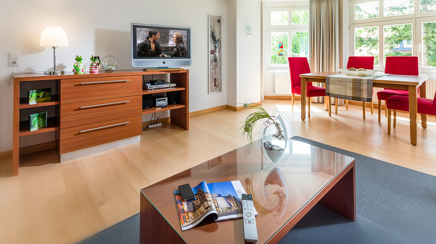 Wohnbereich ausgestattet mit hochwertigen Möbeln und Multimedia System